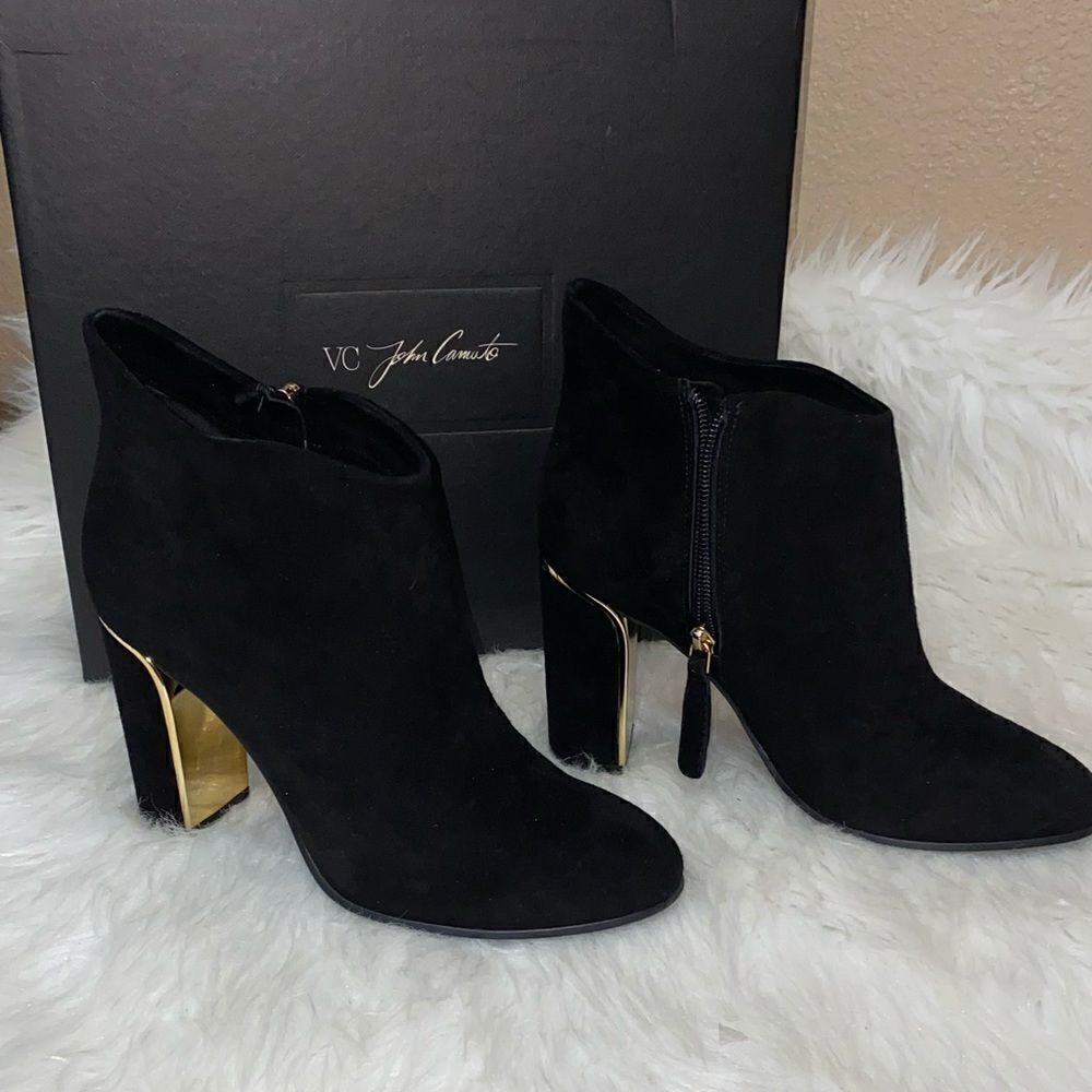 VC John Camuto Black True Suede Booties with Gold Trim